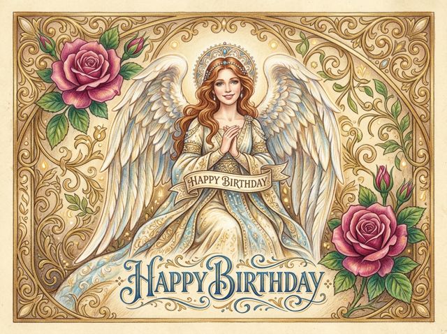 Hand-drawn birthday card of an angel with roses and the words Happy Birthday