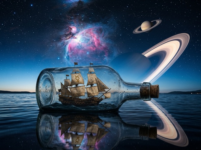 Artwork of a sailing ship inside a glass bottle floating on calm water under a starry sky with ringed planets