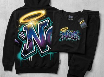 Black hoodie and T-shirt with a graffiti-style logo under a gold halo